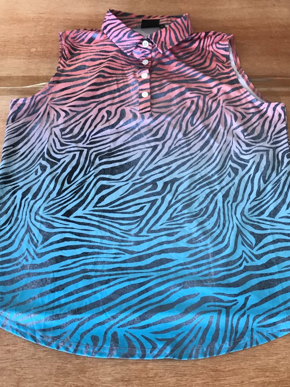 Sunday Swagger Roar Polo Shirt Women XL Blue Zebra Print Sleeveless Athleisure